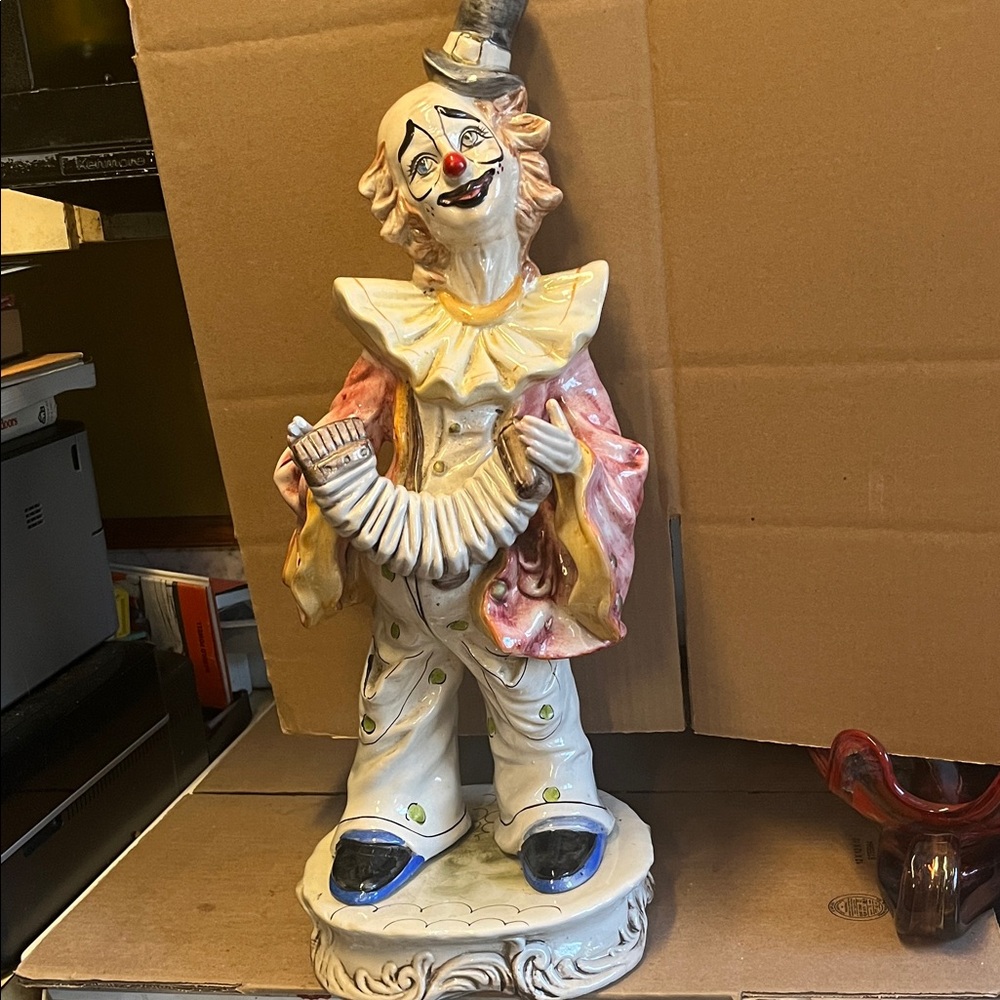 Hand-Painted Ceramic Clown Figurine in Multicolor Capodimonte 22 inch signed
